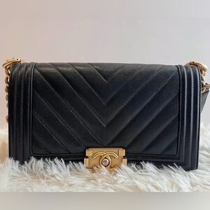 Chanel Black Chevron Crossbody Bag with Gold Accents